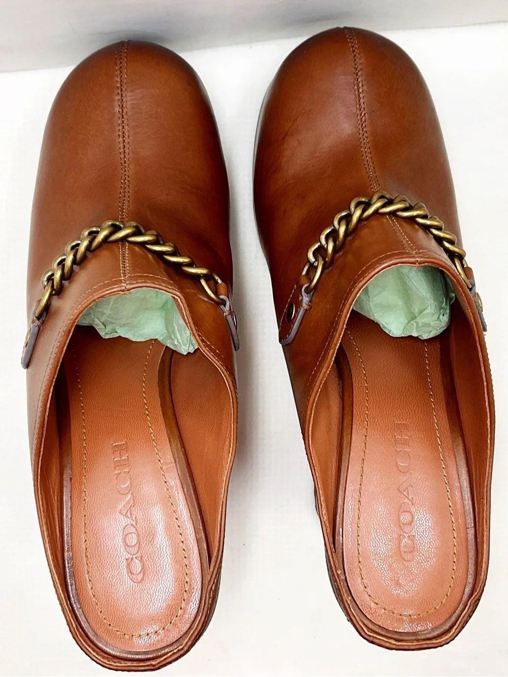 {Coach} Leather Chain-Detail Platform Mules